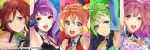  5girls :d aqua_eyes arm_up armpits blonde_hair blue_eyes brown_hair collared_shirt column_lineup detached_collar female freyja_wion green_eyes green_hair heart highres idol idol_clothes idol_group kaname_buccaneer light_blue_hair long_hair looking_at_viewer macross macross_delta makina_nakajima middle_finger mikumo_guynemer mita_chisato multiple_girls nail_polish official_art open_mouth orange_hair parted_lips pink_hair purple_hair red_eyes reina_prowler round_teeth shirt short_hair sleeveless sleeveless_shirt smile teeth twintails two-tone_hair upper_body walkure_(macross_delta) 