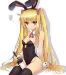  1girl animal_ears arm_support bare_shoulders black_legwear blonde_hair bottle breasts bunny_girl bunny_tail bunnysuit cafeore covered_navel detached_collar eyebrows_visible_through_hair fake_animal_ears fate_testarossa hair_ribbon highleg highleg_leotard impossible_clothes leotard long_hair lyrical_nanoha mahou_shoujo_lyrical_nanoha rabbit_ears red_eyes ribbon sitting small_breasts tail thighs twintails very_long_hair wine_bottle wrist_cuffs 