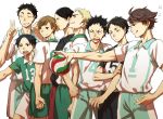  black_hair blonde_hair blush brown_hair character_request grin haikyuu!! male_focus multiple_boys silver_hair size_difference smile sports sweat tagme teeth v 