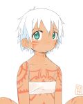  1girl aqua_eyes borrowed_character dark_skin earrings facial_tattoo female flat_chest irezumi-san_(ozka) satsuyo short_hair side_glance simple_background solo tattoo white_background white_hair 