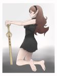  1girl barefoot brown_hair feet fire_emblem fire_emblem_if long_hair my_unit_(fire_emblem_if) pointy_ears red_eyes soles sword toes weapon 