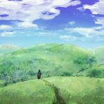 00s 1girl androgynous artist_request clouds from_a_distance grass ground_vehicle hat hermes hill kino kino_no_tabi motor_vehicle motorad motorcycle short_hair sky solo tagme vehicle 