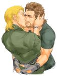  2boys bara big_boss blonde_hair brown_hair facial_hair gloves kazuhira_miller kiss male_focus metal_gear_(series) metal_gear_solid multiple_boys muscle smile tagme yaoi 