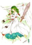  1girl barefoot bracelet braid breasts cleavage cloak closed_eyes dress glasses green_hair jewelry long_hair lying open_mouth philia_felice shoes sleeping sword tales_of_(series) tales_of_destiny violet_eyes weapon 