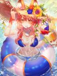  1girl animal_ears arm_up bangs beach bikini blue_bikini blue_flower blueberry blush breasts brown_hat cantaloupe chocolate cleavage collarbone commentary cup day dessert drinking_glass ears_through_headwear eyebrows_visible_through_hair fate/extra fate/grand_order fate_(series) flower food fox_ears from_above fruit hair_between_eyes hair_tie hand_on_headwear hat hat_flower highres holding holding_drinking_glass ice_cream innertube jewelry large_breasts leaf light_particles long_hair looking_at_viewer mellozzo melon mouth_hold navel necklace ocean orange orange_bikini orange_slice outdoors partially_submerged pink_hair red_flower sand scrunchie see-through shirt short_sleeves side-tie_bikini slit_pupils smile solo sparkle spoon spoon_in_mouth starfish stomach straw_hat strawberry summer sun_hat sunflower sunlight swimsuit tamamo_(fate)_(all) tamamo_no_mae_(swimsuit_lancer)_(fate) wading water_drop wet wet_clothes wet_shirt white_shirt wrist_scrunchie yellow_eyes yellow_flower 