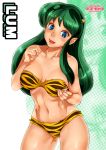  1girl bare_arms bare_legs bare_shoulders bikini bikini_top blue_eyes blush breasts character_name cleavage collarbone cowboy_shot eyebrows eyebrows_visible_through_hair green_hair happy highres horns large_breasts legs long_hair looking_at_viewer lum mound_of_venus navel parted_lips puffy_nipples sakuradou shiny shiny_hair shiny_skin simple_background smile solo standing strapless swimsuit thighs thong tiger_print urusei_yatsura 