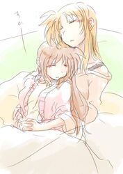  2girls blonde_hair blush brown_hair couple embrace fate_testarossa long_hair lyrical_nanoha mahou_shoujo_lyrical_nanoha mahou_shoujo_lyrical_nanoha_strikers multiple_girls side_ponytail sketch sleeping takamachi_nanoha very_long_hair yu_okam1 yuri 