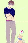  1boy abs barefoot body_hair brown_hair character_request dog glasses male_focus muscle tagme 