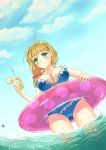  1girl absurdres bikini blonde_hair breasts cleavage clouds collarbone cup drink drinking_glass ellen_baker green_eyes highres innertube long_hair navel new_horizon outdoors partially_submerged ponytail see-through sky smile solo swimsuit wading water wet 