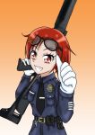  1girl :d buttons emblem glasses gloves grin gun hino_akane_(smile_precure!) holding holding_weapon long_sleeves looking_at_viewer open_mouth orange_background police police_uniform policewoman precure shotgun simple_background smile smile_precure! sunglasses teeth thumbs_up tkd405 uniform weapon white_gloves 