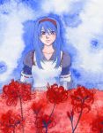  1girl acrylic_paint_(medium) anastasia_valeria armor armored_dress bangs blue_hair breasts dress expressionless flower gloves hair_between_eyes hair_ornament hairband long_hair looking_at_viewer low-tied_long_hair mole mole_under_eye red_eyes ribbon_trim sky solo spider_lily tied_hair traditional_media twintails very_long_hair wild_arms wild_arms_2 