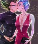  1boy 1girl black_hair blue_eyes blue_hair bracelet bulma cleavage couple dragon_ball dragonball_z dress earrings jewelry kiss looking_at_viewer necklace oniyuri purse red_dress short_hair simple_background sitting spiky_hair vegeta 