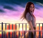  1girl brown_eyes brown_hair forehead fushimi_chihiro glasses guard_rail highres lips long_hair naoko_(naoko00) parted_lips persona persona_3 rooftop school_uniform skirt smile solo sunset 