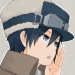  00s 1girl androgynous artist_request black_eyes black_hair brimmed_hat close-up coat fur goggles hand_over_mouth hat kino kino_no_tabi short_hair solo tagme 