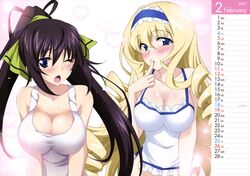  2girls absurdres bare_shoulders bikini black_hair blonde_hair blue_eyes blush breasts calendar cecilia_alcott cleavage drill_hair hair_ribbon highres infinite_stratos large_breasts leaning_forward long_hair looking_at_viewer multiple_girls official_art open_mouth ponytail ribbon shinonono_houki standing swimsuit yuuki_homura 