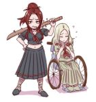  2girls blind blush chaos_witch_quelaag cigarette cleavage dark_souls delinquent from_software multiple_girls ponytail quelaag&#039;s_sister redhead siblings sisters souls_(from_software) wheelchair white_hair 