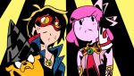  1boy 1girl adventure_time black_hair bubblegum dog drill finn goggles jake medallion nia_teppelin parody pink_hair princess_bonnibel_bubblegum simon squizz tengen_toppa_gurren_lagann 