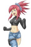  1girl asuna_(pokemon) fusion fuuro_(pokemon) gloves navel pokemon ponytail redhead violet_eyes wide_hips 