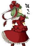  1girl boots dress frills from_behind green_eyes green_hair hair_ornament hair_ribbon highres kagiyama_hina long_hair looking_back red_dress ribbon simple_background smile solo tikano touhou translation_request white_background 