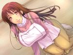  1girl apron blush breast_hold breasts brown_hair collared_shirt dead_or_alive eyebrows eyebrows_visible_through_hair feet highres huge_breasts kasumi_(doa) kneeling long_hair long_skirt long_sleeves looking_at_viewer no_shoes red_eyes skirt smile socks solo sweater yellow_skirt yoko_juusuke 