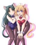  2girls ahoge animal_ears bangs black_bow black_bowtie black_hair black_leotard blonde_hair blunt_bangs bow bowtie breasts brown_eyes cat_ears cat_tail cleavage detached_collar facing_viewer kittysuit leaning_forward looking_at_viewer multiple_girls open_mouth original pantyhose red_bow red_bowtie red_leotard tail tonpuu violet_eyes white_background wrist_cuffs 