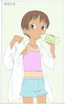  1girl brown_hair camisole child dark_skin drinking female midriff navel open_clothes open_shirt satsuyo shirt short_hair simple_background soda solo tanline white_background 