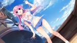  1girl bare_legs boyshorts bracelet breasts cleavage clouds dutch_angle floating_hair fumio_(ura_fmo) game_cg happy hatsuru_koto_naki_mirai_yori highres jewelry large_breasts legs long_hair looking_away meltyna navel open_mouth outdoors pink_eyes pink_hair ship short_shorts shorts sky smile solo standing thighs tied_shirt under_boob watercraft waving 
