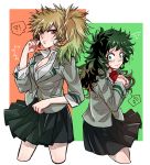  2girls bakugou_katsuki blush boku_no_hero_academia breasts cleavage genderswap green_hair long_hair midoriya_izuku multiple_girls school_uniform skirt spiky_hair 