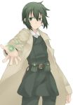  00s 1girl androgynous artist_request belt black_eyes black_hair glowing holster kino kino_no_tabi long_coat looking_at_viewer pouch_bag short_hair simple_background solo tagme white_background 