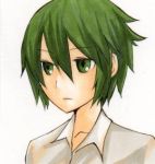  00s 1girl androgynous artist_request expressionless eyebrows green_eyes green_hair kino kino_no_tabi matching_hair/eyes short_hair simple_background solo upper_body white_background 