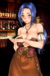  1girl bare_shoulders blue_eyes blue_hair blush bow breasts cleavage corset dragon_quest dragon_quest_ix earrings hair_bow hands_together highres hoop_earrings jewelry large_breasts long_hair long_skirt looking_at_viewer pendant ponytail ruida sakuradou shiny shiny_hair shiny_skin skirt smile solo standing 