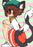 1girl ;3 animal_ears bad_anatomy bad_hands blush cat_ears cat_tail chen hat hekate_(puffstool) jewelry multiple_tails one_eye_closed poorly_drawn single_earring socks solo squatting tail touhou 