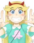  blonde_hair blue_eyes blush_stickers eyebrows_visible_through_hair fake_horns grin hairband heart long_hair satsuyo simple_background smile star_butterfly star_vs_the_forces_of_evil white_background 