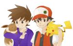  2boys 90s black_hair brown_hair eevee hat hirumae multiple_boys ookido_green pikachu pokemon pokemon_(game) pokemon_rgby red_(pokemon) red_(pokemon)_(classic) 
