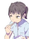  1girl bowl chopsticks eating eyebrows_visible_through_hair female food looking_away open_mouth rice satsuyo short_twintails simple_background solo twintails white_background 