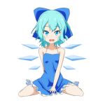  1girl bare_shoulders blue_dress blue_eyes blue_hair bow casual cato_(monocatienus) cirno collarbone dress hair_bow ice ice_wings open_mouth short_dress short_hair sitting solo touhou wariza white_background wings 