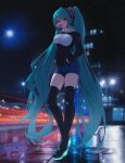  1girl alternate_costume aqua_eyes aqua_hair artist_name backlighting bangs black_footwear black_sweater blue_shorts blurry blurry_background boots bowlp breasts bubble_blowing casual chewing_gum dated denim depth_of_field eyebrows_behind_hair full_body hands_in_pocket hatsune_miku headphones highres lamppost large_breasts long_hair long_sleeves looking_at_viewer motion_blur neon_trim night outdoors parted_lips road short_shorts shorts sidewalk solo standing street sweater thigh-highs thigh_boots very_long_hair vocaloid 