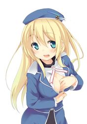  1girl atago_(kantai_collection) blonde_hair blue_eyes blush breasts cleavage female hat kantai_collection long_hair mokoke uniform 