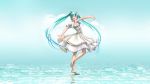  1girl aqua_eyes aqua_hair barefoot closed_eyes dress feet female hatsune_miku sky soles solo twintails vocaloid water wokada 