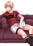  1boy blush couch looking_at_viewer male_focus muscle solo sports 