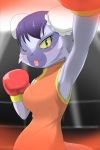  1girl artist_request boxing_gloves breasts cat chinese_clothes dress female furry green_eyes one_eye_closed purple_hair short_hair solo tongue 