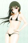  1girl alternate_costume bikini blush breasts dutch_angle green_hair hair_ornament hairclip hand_on_hip highres long_hair looking_at_viewer low_twintails navel red_eyes saki saki_achiga-hen shirouzu_mairu shutter_shelter small_breasts solo standing swimsuit twintails 