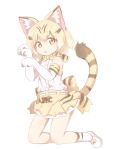  1girl :o animal_ears bare_shoulders blonde_hair blush bow bowtie cat_ears cat_tail clenched_hands commentary_request cross-laced_clothes dot_nose elbow_gloves expressionless eyebrows_visible_through_hair flat_chest frilled_skirt frills full_body gloves gradient_hair kemono_friends kneehighs kneeling looking_at_viewer multicolored_hair naya open_mouth paw_pose ribbon sand_cat_(kemono_friends) shirt shoe_ribbon shoes simple_background skirt sleeveless sleeveless_shirt socks solo streaked_hair striped_tail tail tareme two-tone_hair white_background white_footwear white_hair white_shirt white_shoes yellow_eyes yellow_ribbon 