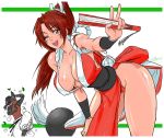  1boy 1girl banderas_hattori bare_shoulders bent_over blush breasts brown_eyes brown_hair cleavage curvy dark_skin fatal_fury hairlocs large_breasts leaning_forward long_hair looking_at_viewer one_eye_closed open_mouth ponytail shiranui_mai smile snk standing the_king_of_fighters thick_thighs wallace_pires wide_hips 