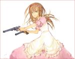  00s 1girl androgynous artist_request black_eyes black_hair bow dress dual_wield gun handgun kino kino_no_tabi long_hair looking_at_viewer revolver ribbon solo tagme weapon younger 