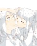  2girls closed_eyes female kiss multiple_girls pale_color partially_colored ponytail satsuyo simple_background sketch wavy_mouth white_background yuri 