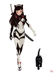  1girl :d bodysuit cat fake_animal_ears hong_soonsang katana nero noah_project_ark_citizen sakuya simple_background sword white_background 