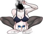  1girl blue_eyes breasts cleavage dullahan female full_body large_breasts lips looking_at_viewer monster_girl scathegrapes solo v white_background 