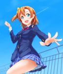  1girl blazer blue_eyes blue_sky bow checkered checkered_skirt female hair_bow hazuki_akaoto jacket kousaka_honoka long_sleeves looking_at_viewer love_live!_school_idol_project open_mouth orange_hair pleated pleated_skirt school_uniform skirt sky solo uniform 