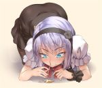  1girl black_legwear blue_eyes blush dagashi_kashi dress hairband pantyhose purple_hair ringed_eyes shidare_hotaru short_hair solo straw tears vycma 